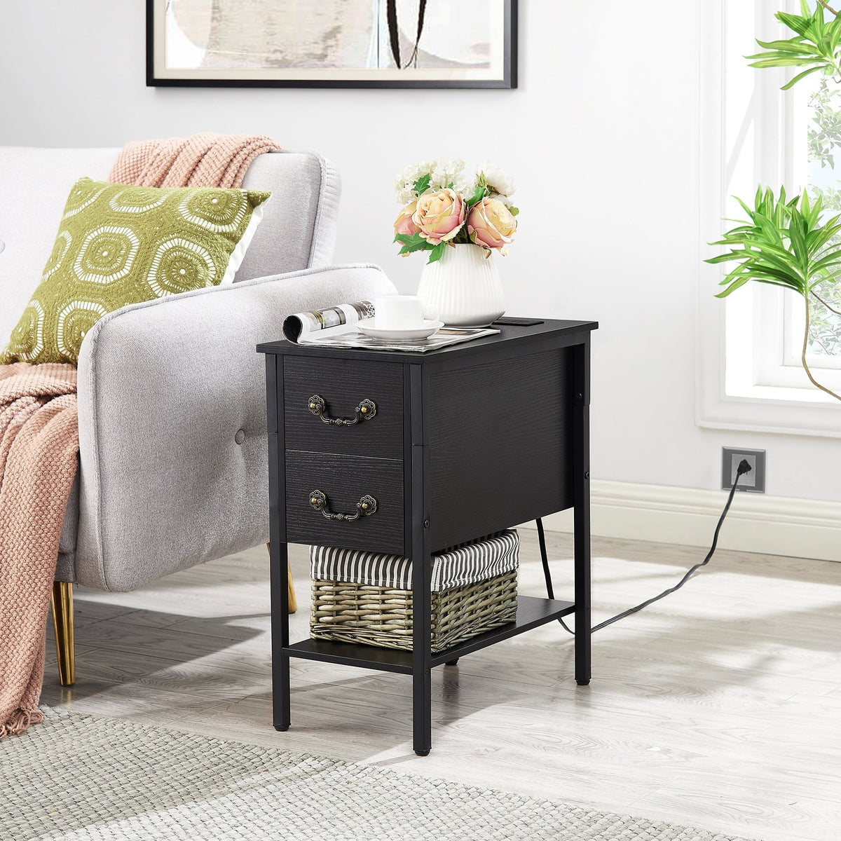Narrow End Table with Charging Station, Chairside Table with Drawers, USB Ports and Power Outlets