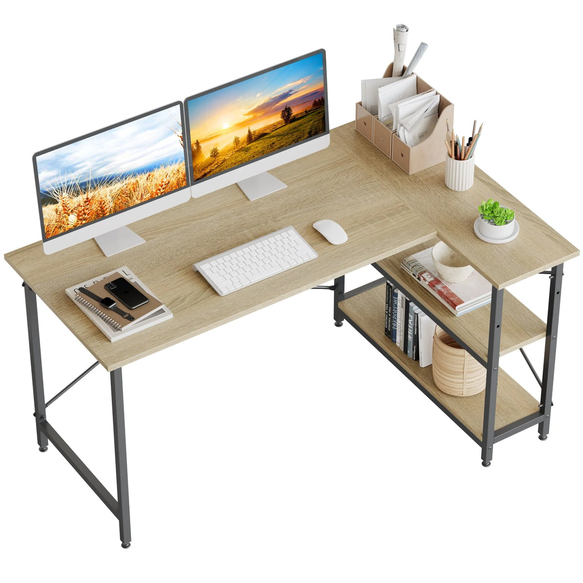 Small L Shaped Computer Desk with Storage Shelves, Compact Corner Workstation for Home Office and Study
