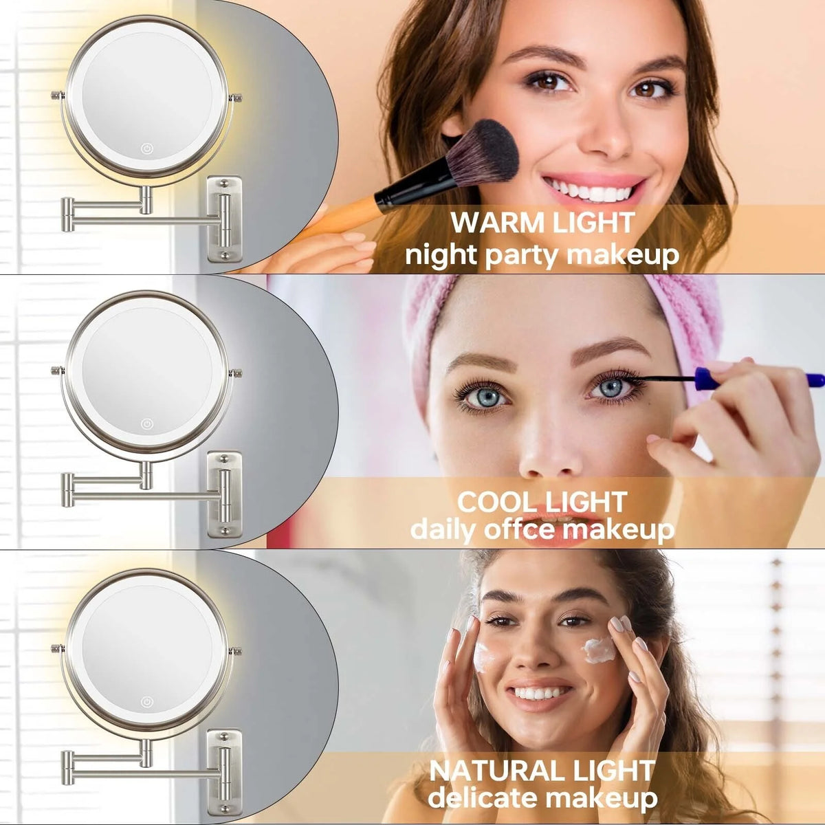8 Inch Round Wall Mounted Makeup Mirror, Rechargeable, 1X/10X Magnification, 3-Color LED Lights