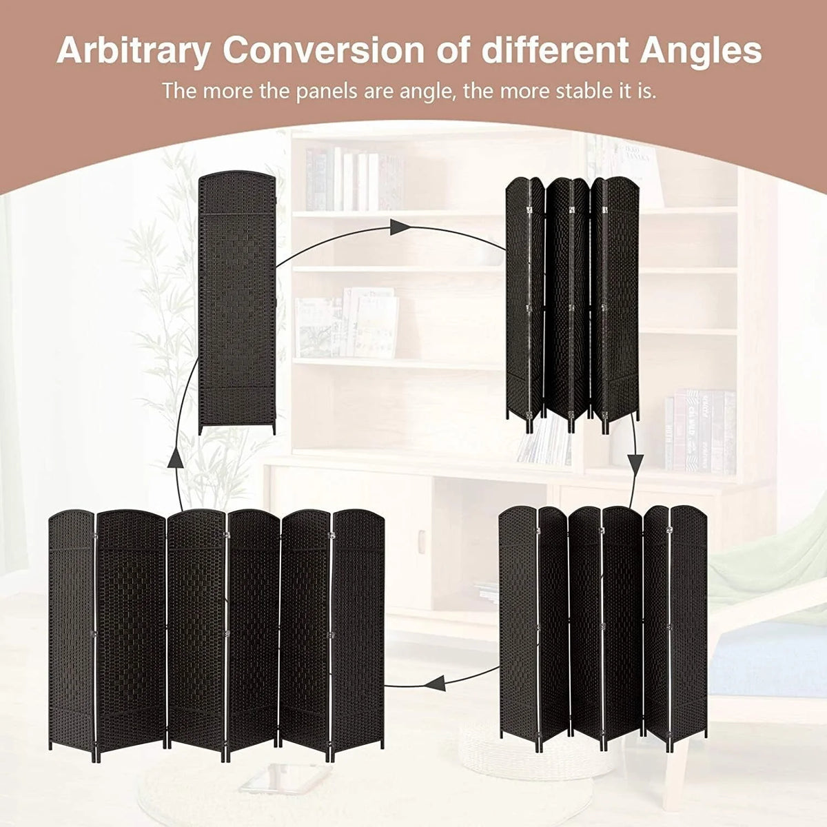 6 FT Tall Woven Fiber Room Divider, Freestanding Folding Privacy Screen