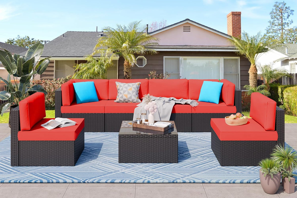 5-Piece All-Weather Patio Furniture Set with Ottoman, Outdoor Wicker Conversation Sofa Set with Cushions for Garden, Deck & Backyard