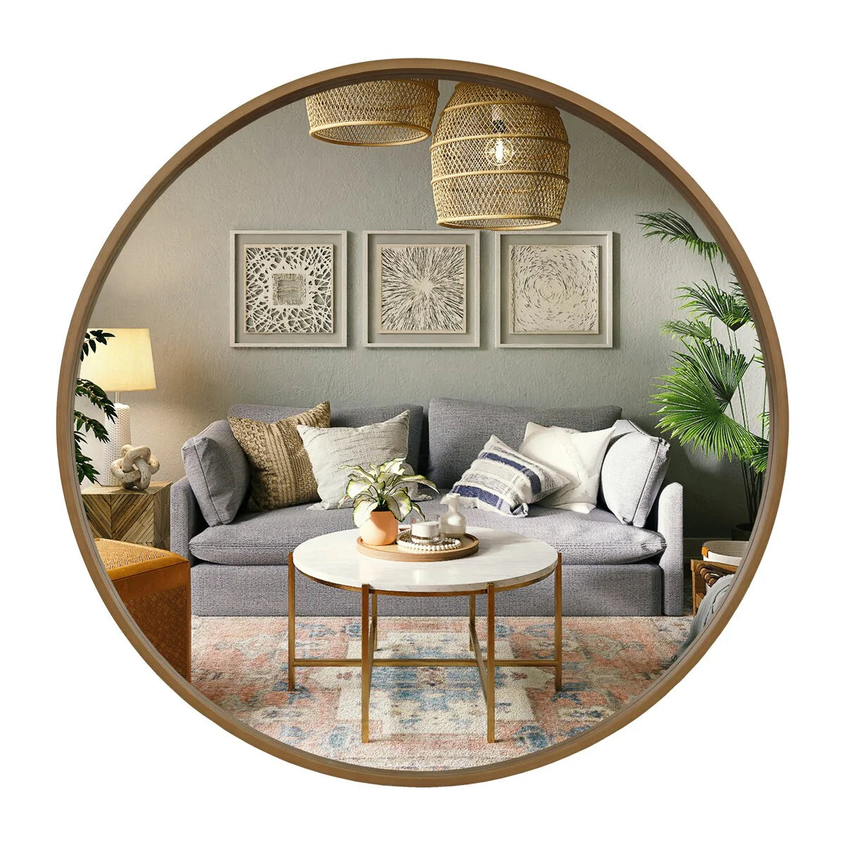Classic Farmhouse Round Wall Mirror, Wooden Frame Decorative Accent Mirror for Living Room, Bedroom and Entryway