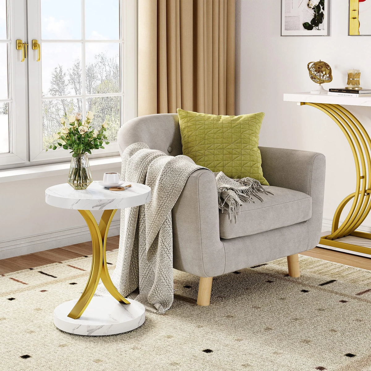 Modern Gold Console Table with Marbled Top, Sofa Table for Entryway and Hallway