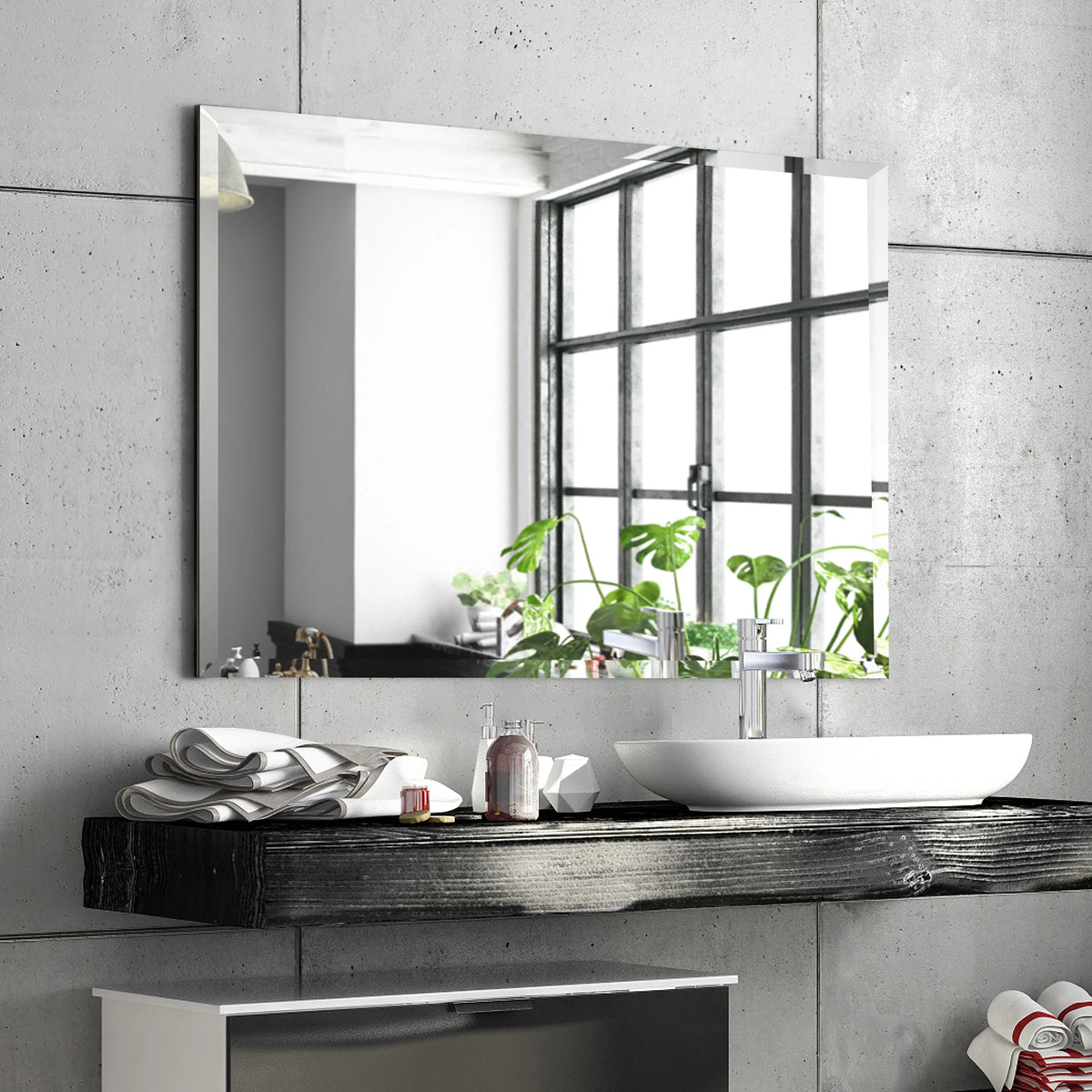 Frameless Beveled Prism Wall Mirror, Clear Square or Rectangular Decorative Mirror for Bathroom, Bedroom and Home Decor