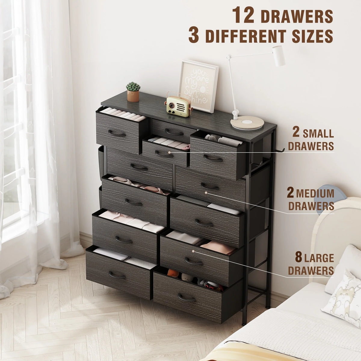 12 Drawer Fabric Dresser, Tall Bedroom Chest of Drawers with Storage