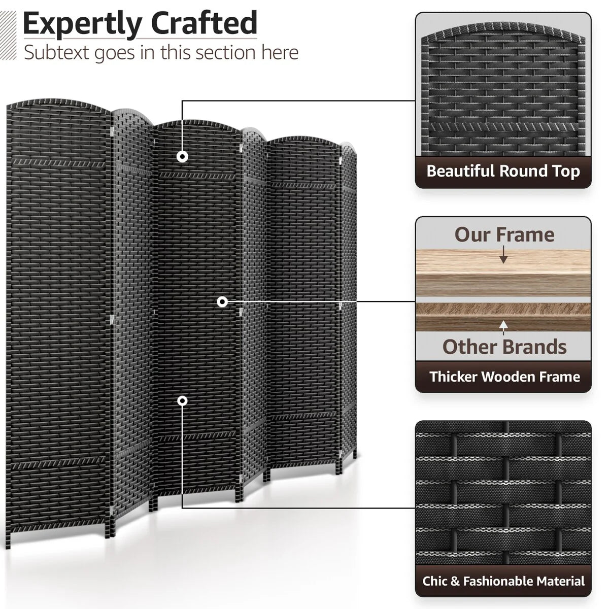 6 Panel Room Divider, 6ft Tall Extra Wide Folding Privacy Screen with Hand-Woven Mesh Panels