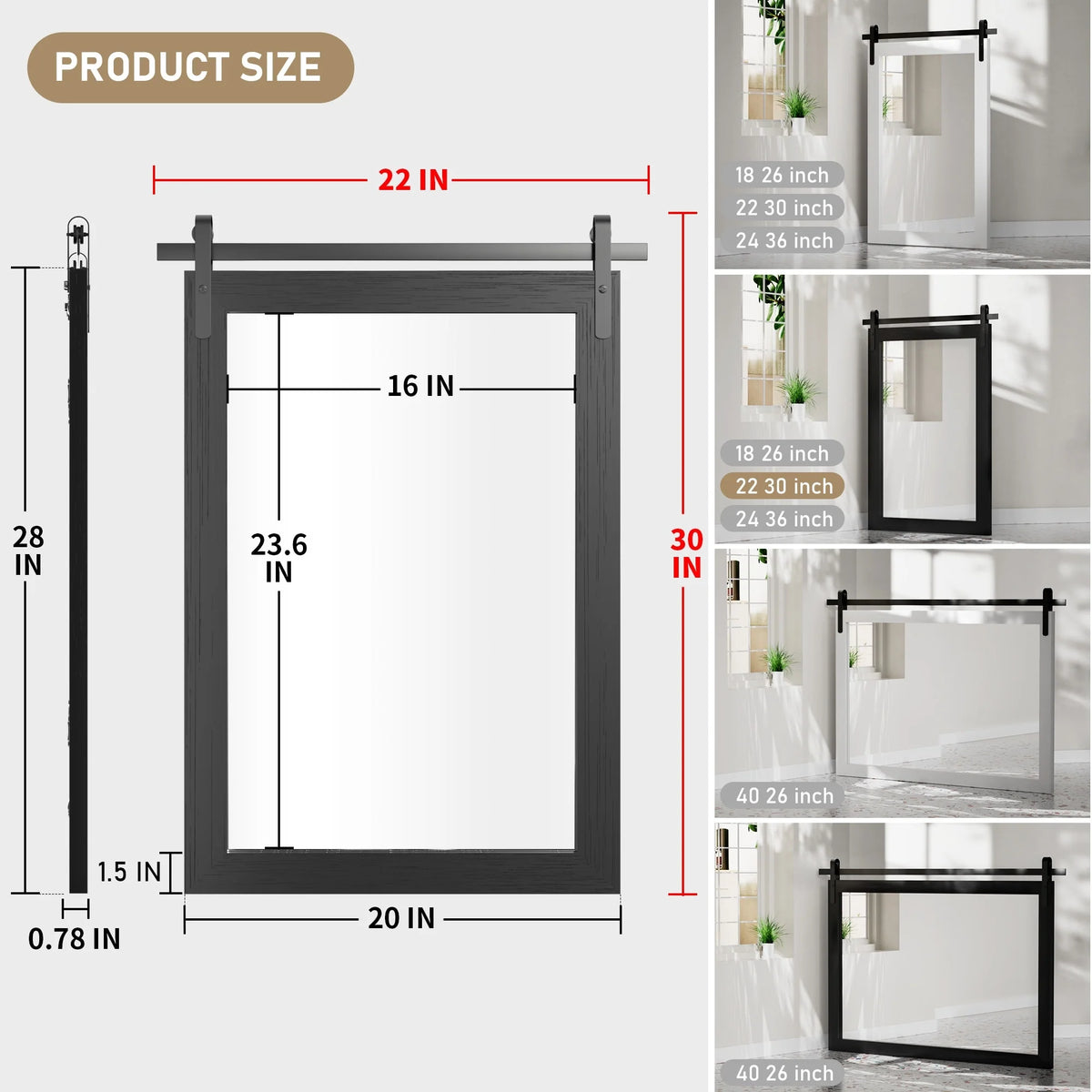 Modern Rectangular Wall Mirror with Wood Frame, Bathroom and Barn Door Mirror, Multiple Sizes