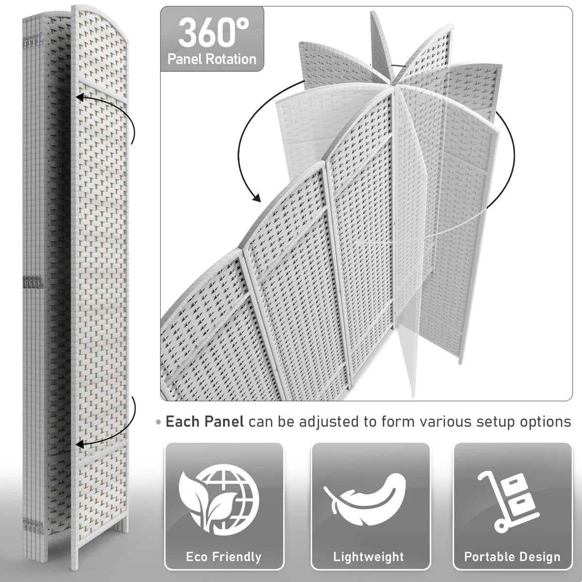 6 Panel Room Divider, 6ft Tall Extra Wide Folding Privacy Screen with Hand-Woven Mesh Panels