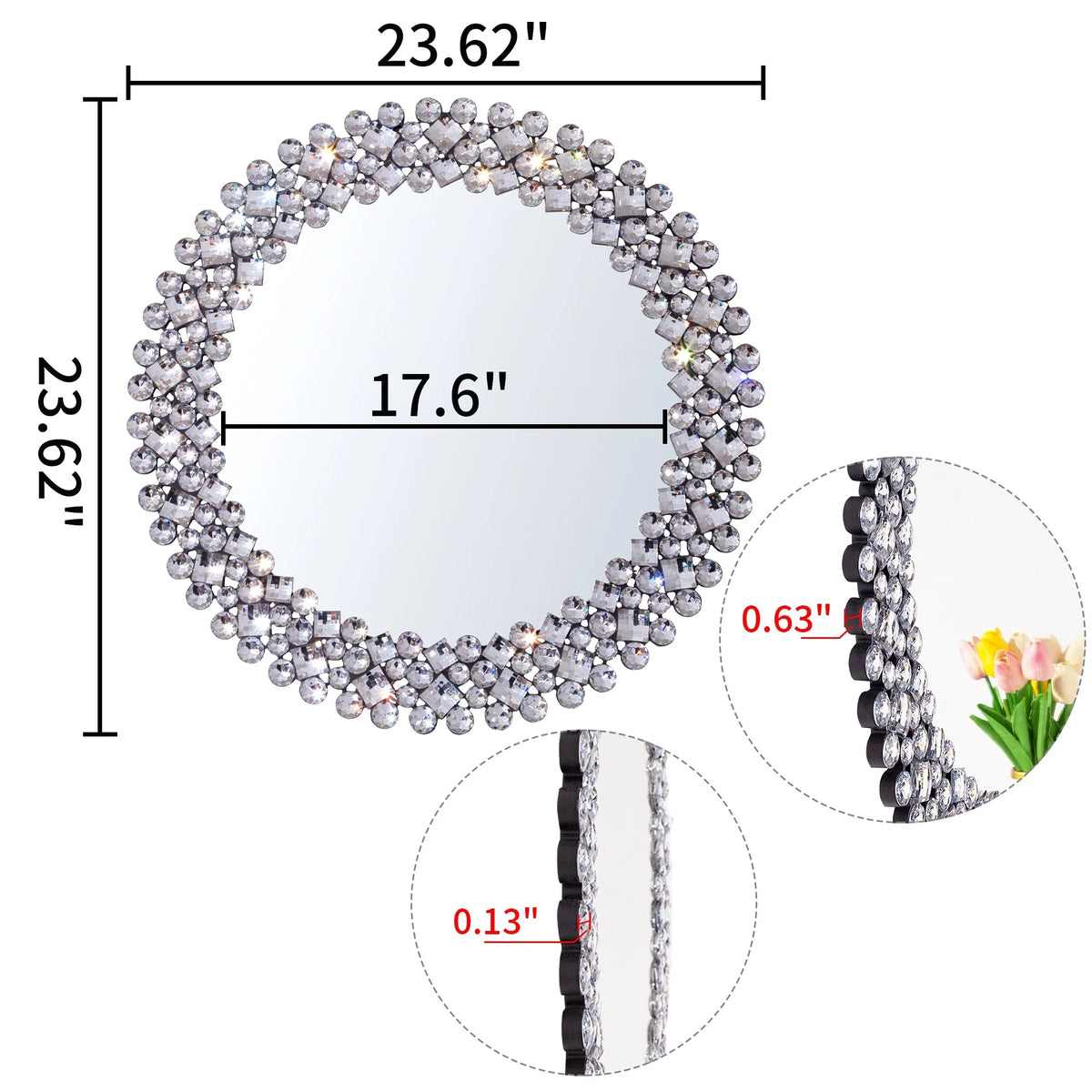 Modern Round Wall Mirror, Crystal Accent Decorative Mirror for Living Room, Bedroom and Entryway