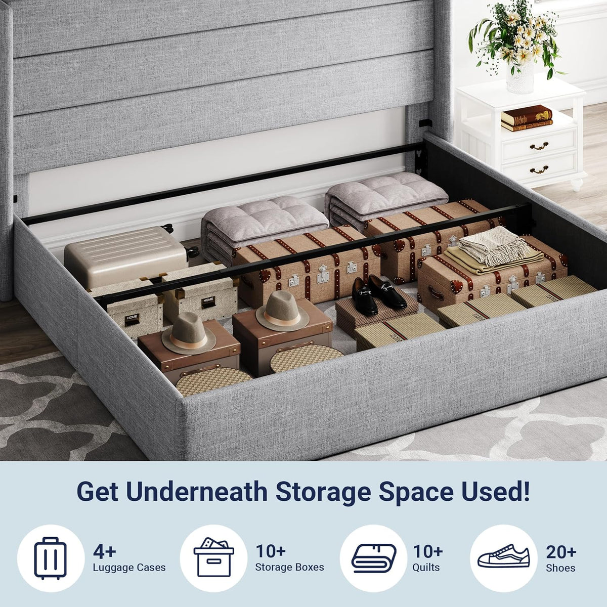 Queen Size Lift Up Storage Bed with Wingback Headboard, Upholstered Platform Bed Frame with Hidden Storage