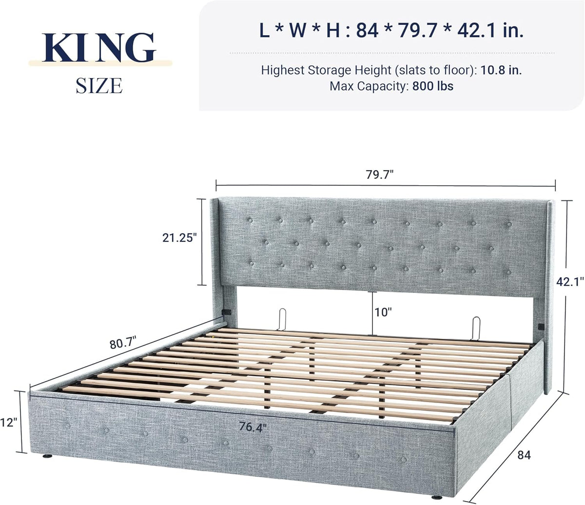 Queen Size Lift Up Storage Bed with Wingback Headboard, Upholstered Platform Bed Frame with Hidden Storage