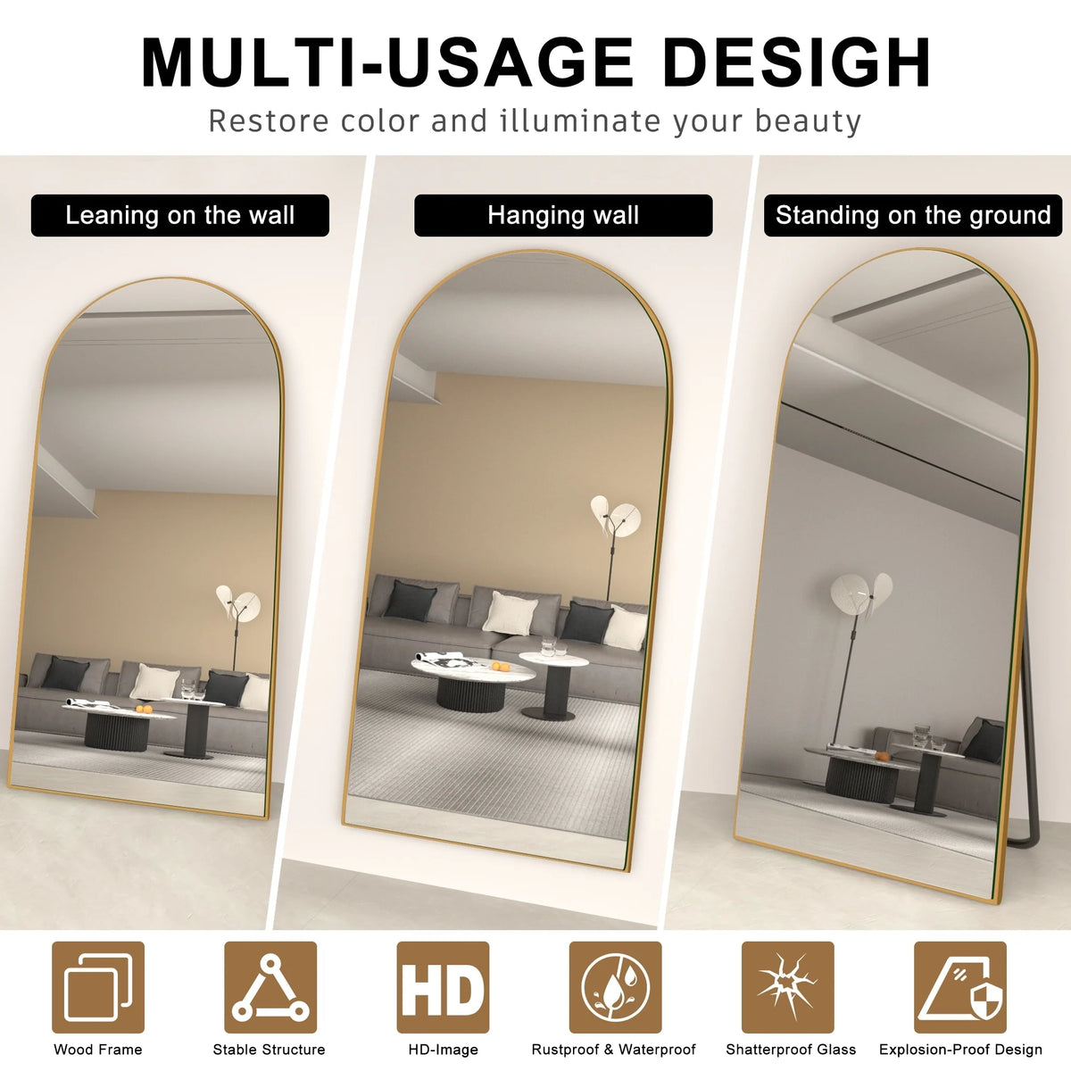 Arched Full Length Wood Floor Mirror, Full Body Standing and Wall Mounted Mirror for Bedroom, Living Room and Home Decor