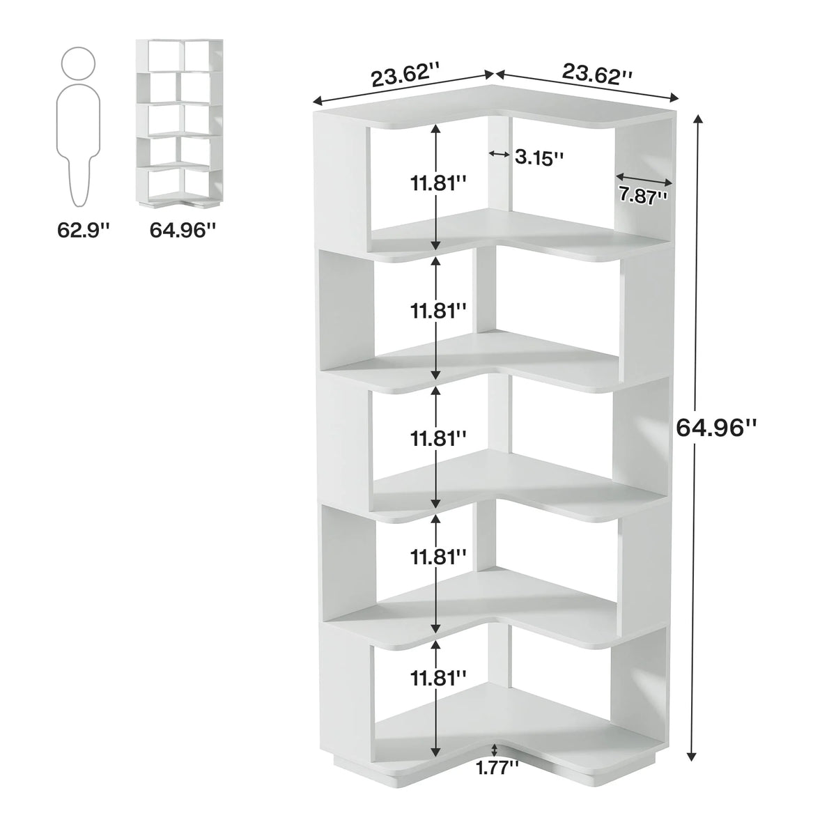 64.9 Inch Tall 6-Tier Corner Bookshelf, Freestanding Wood Industrial Bookcase