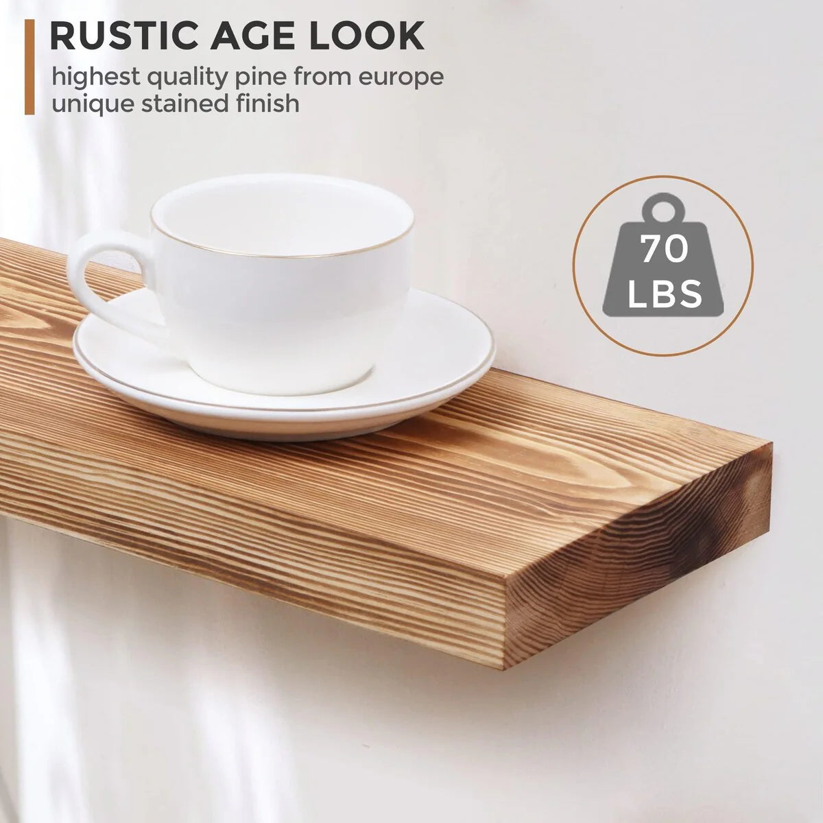 Set of 2 Handcrafted European Pine Floating Wall Shelves, Natural Rustic Wood