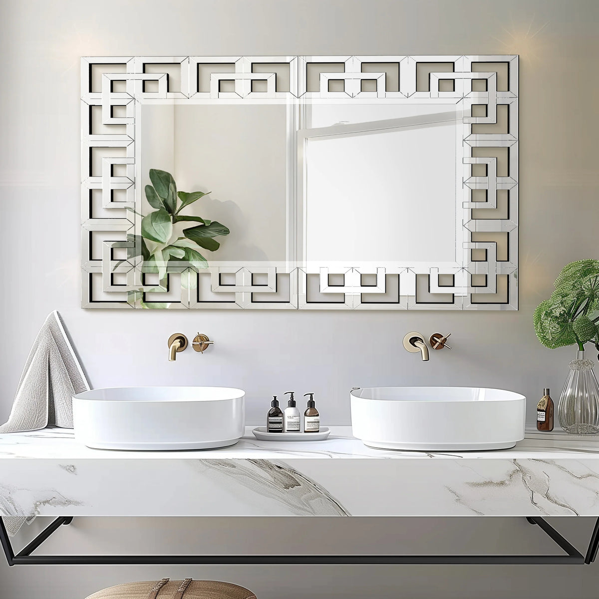 Large Silver Geometric Wall Mirror, Modern Decorative Accent Mirror for Living Room, Bedroom and Entryway