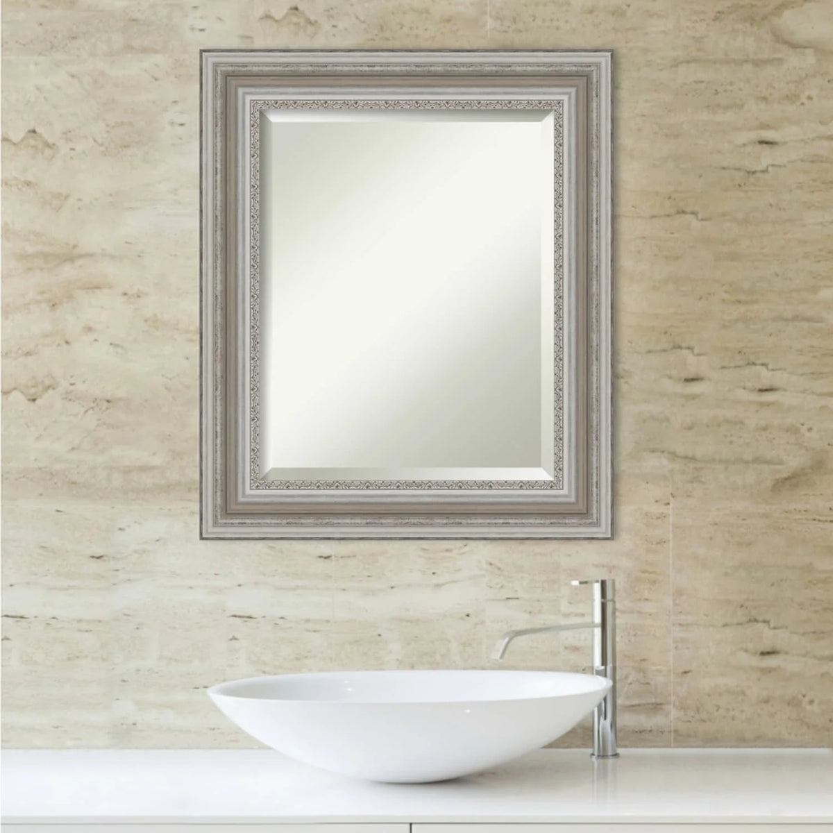 Beveled Bathroom Wall Mirror, Silver Frame Decorative Vanity Mirror for Bathroom, Bedroom and Entryway