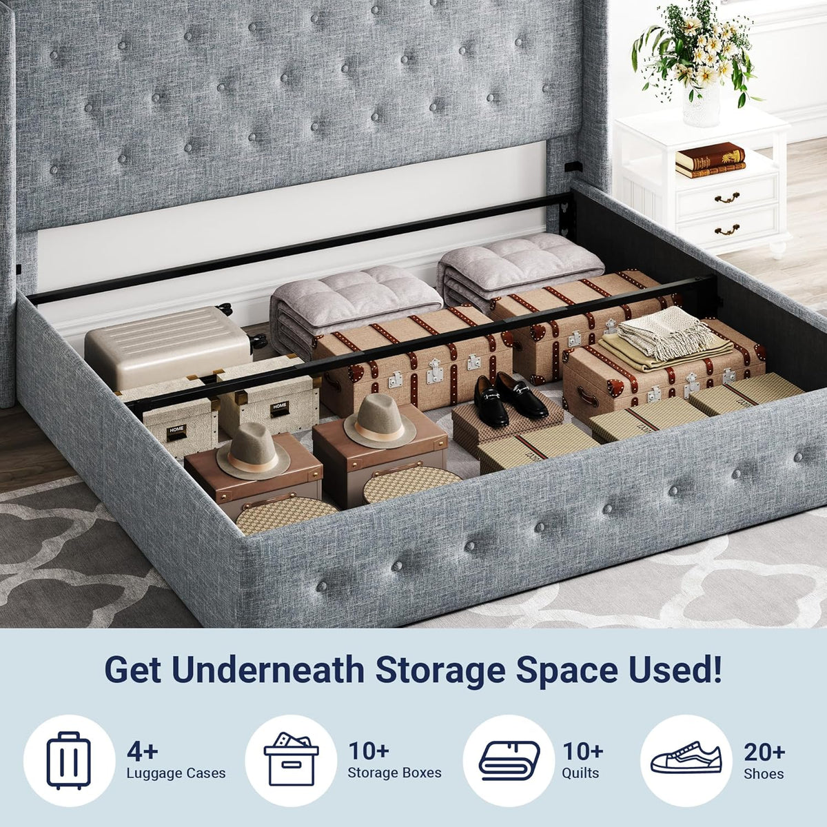Queen Size Lift Up Storage Bed with Wingback Headboard, Upholstered Platform Bed Frame with Hidden Storage