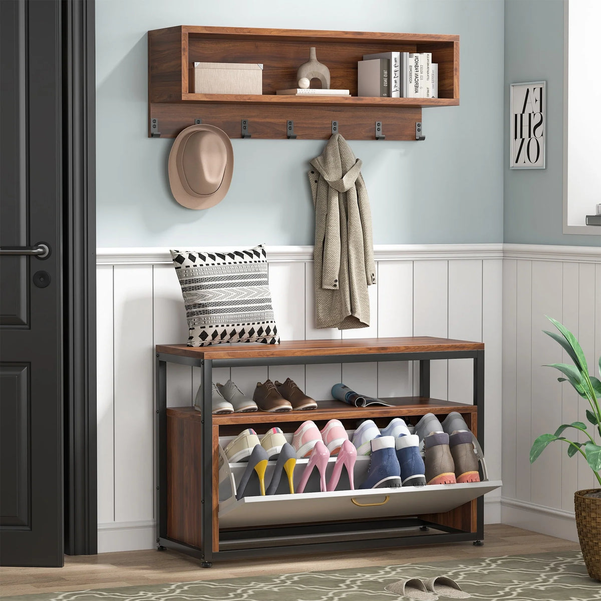 Entryway Coat Rack and Shoe Bench Set, Industrial Hall Tree with Coat and Shoe Storage