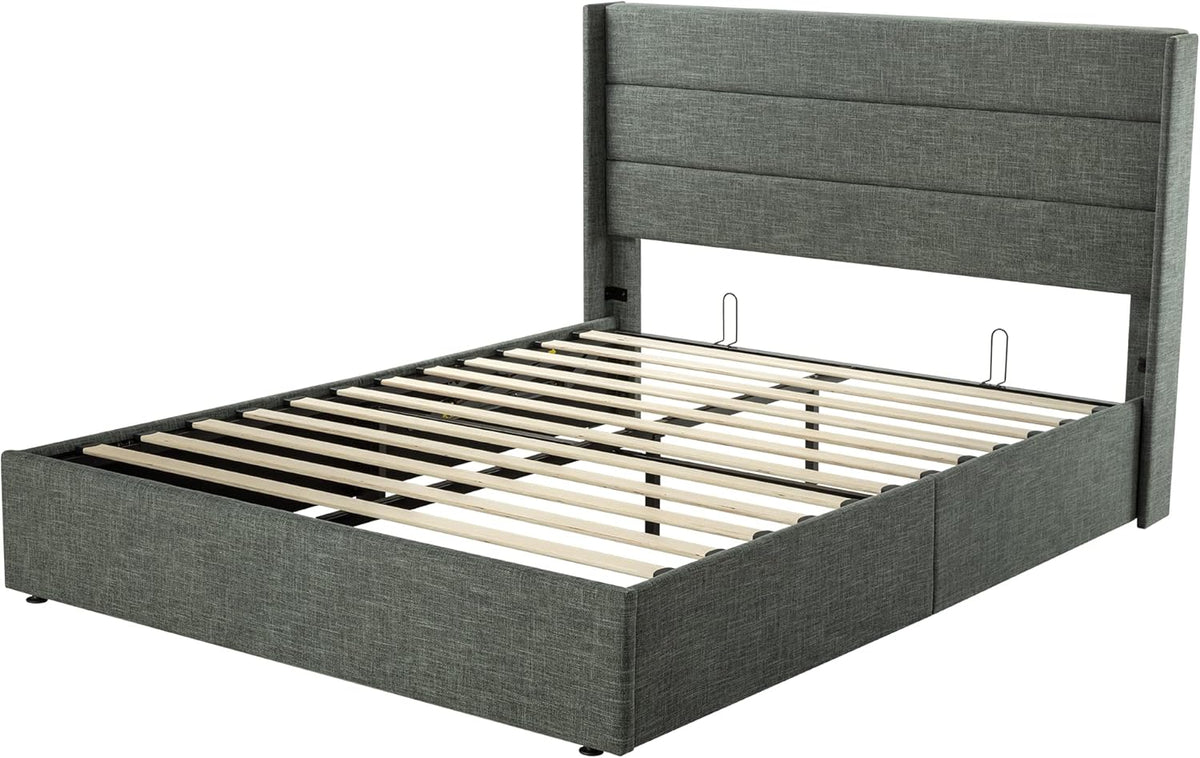Queen Size Lift Up Storage Bed with Wingback Headboard, Upholstered Platform Bed Frame with Hidden Storage