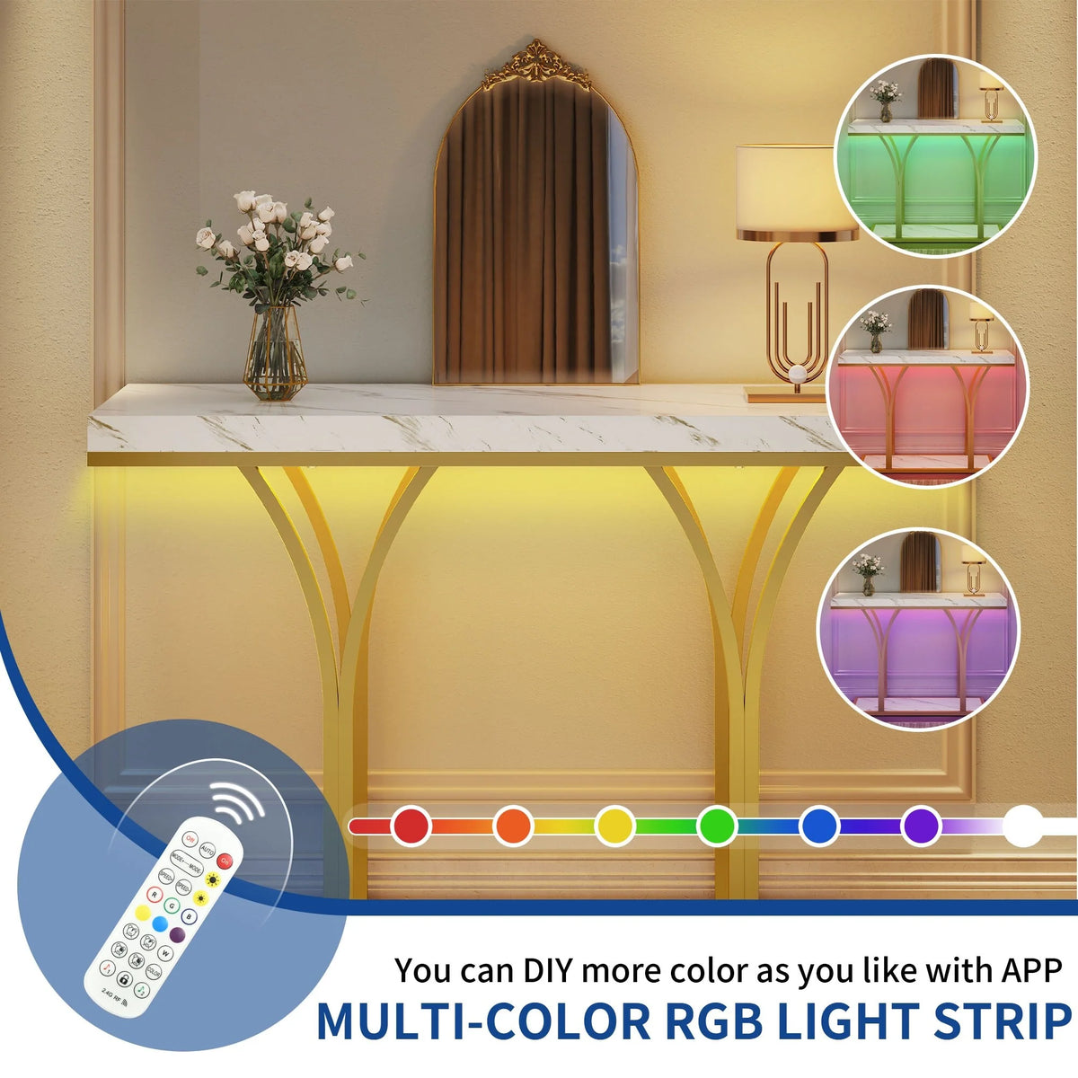 Modern Gold Console Table with Marbled Top, Sofa Table for Entryway and Hallway