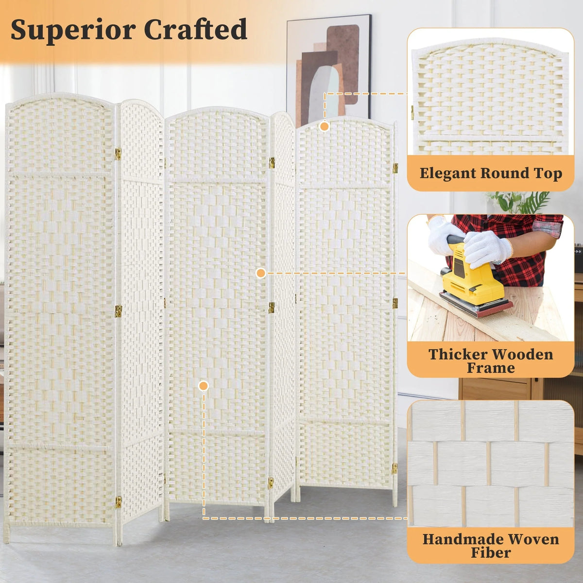 6 FT Tall Woven Fiber Room Divider, Freestanding Folding Privacy Screen