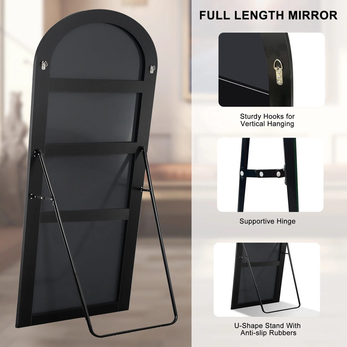 Arched Full Length Wood Floor Mirror, Full Body Standing and Wall Mounted Mirror for Bedroom, Living Room and Home Decor