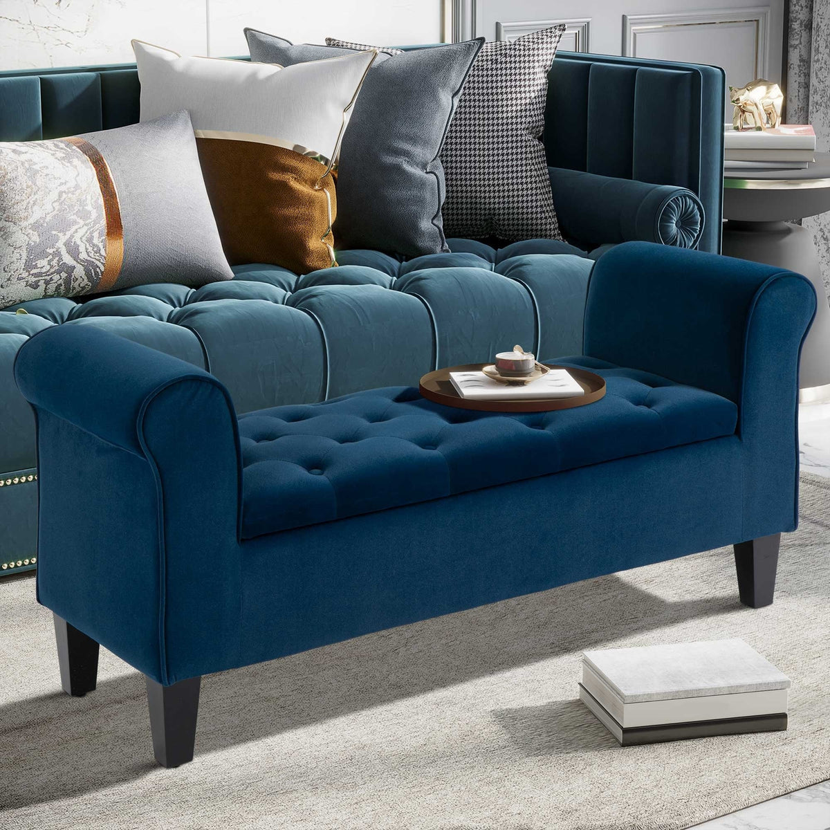 Button-Tufted Storage Ottoman Bench, Upholstered Bed Bench with Rolled Armrests for Bedroom, Living Room and Hallway