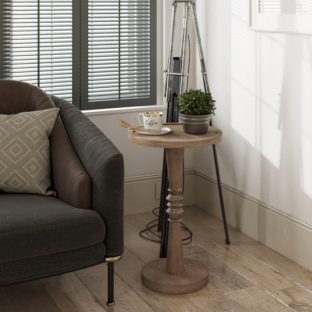 Small Pedestal End Table with Tray Top, Farmhouse Distressed Finish Accent Table
