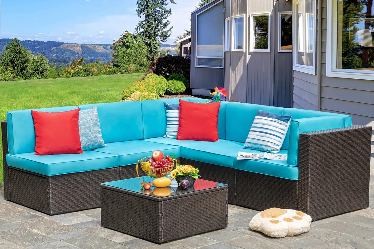 5-Piece All-Weather Patio Furniture Set with Ottoman, Outdoor Wicker Conversation Sofa Set with Cushions for Garden, Deck & Backyard