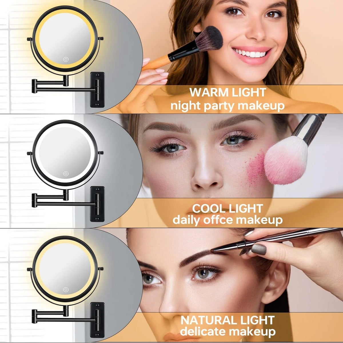 8 Inch Round Wall Mounted Makeup Mirror, Rechargeable, 1X/10X Magnification, 3-Color LED Lights