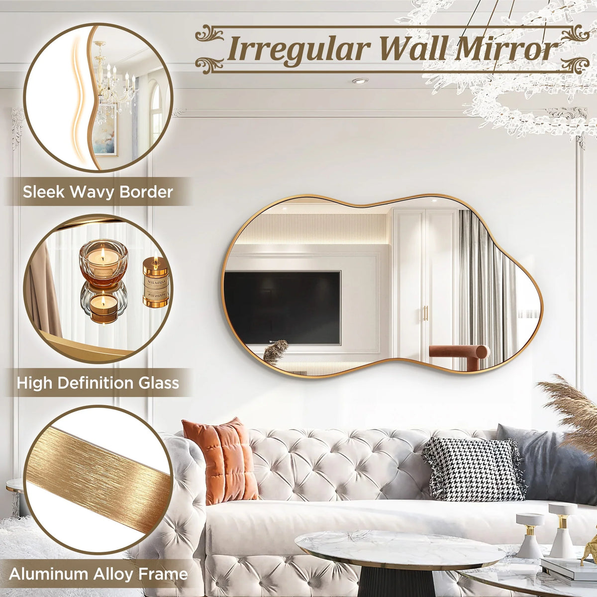 Asymmetrical Irregular Wall Mirror, Modern Decorative Accent Mirror for Living Room, Bedroom and Entryway