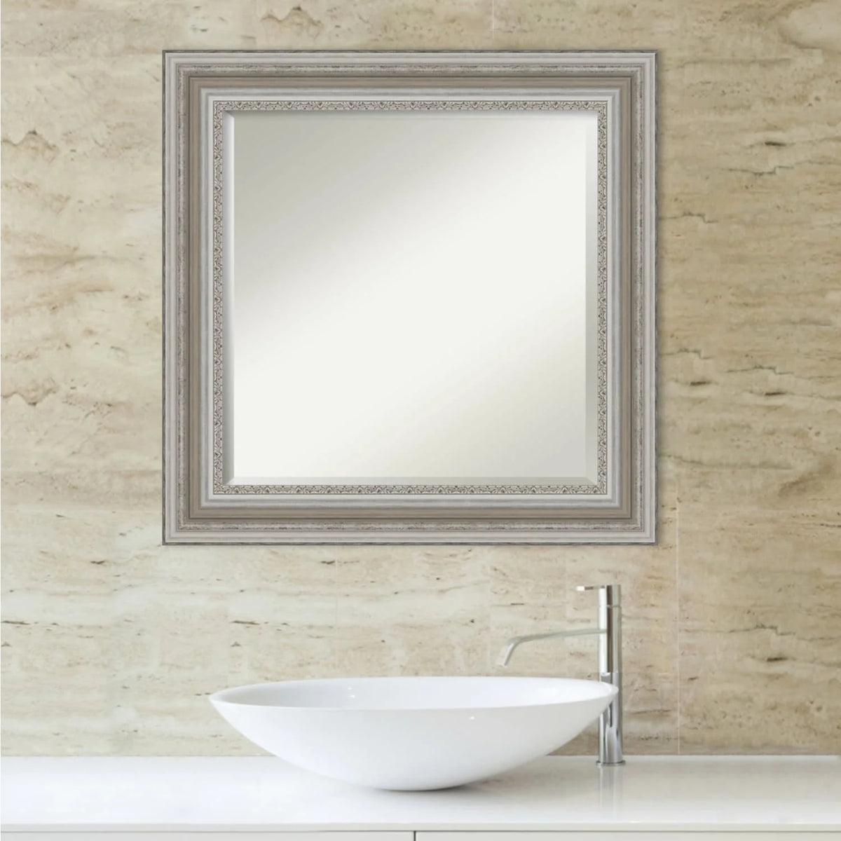 Beveled Bathroom Wall Mirror, Silver Frame Decorative Vanity Mirror for Bathroom, Bedroom and Entryway