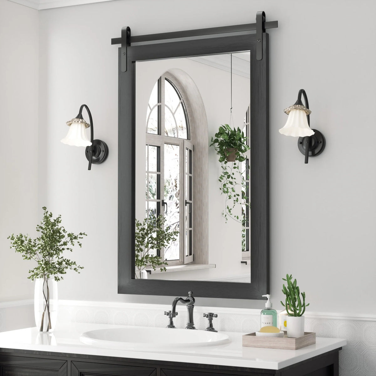 Modern Rectangular Wall Mirror with Wood Frame, Bathroom and Barn Door Mirror, Multiple Sizes