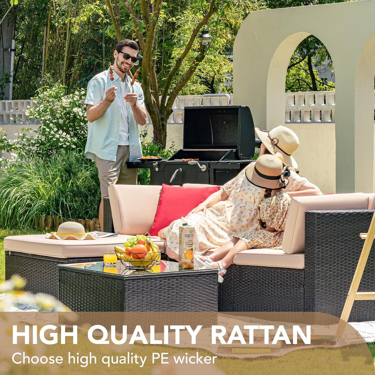 5-Piece All-Weather Patio Furniture Set with Cushions, Outdoor Wicker Conversation Sofa Set for Garden, Deck & Backyard