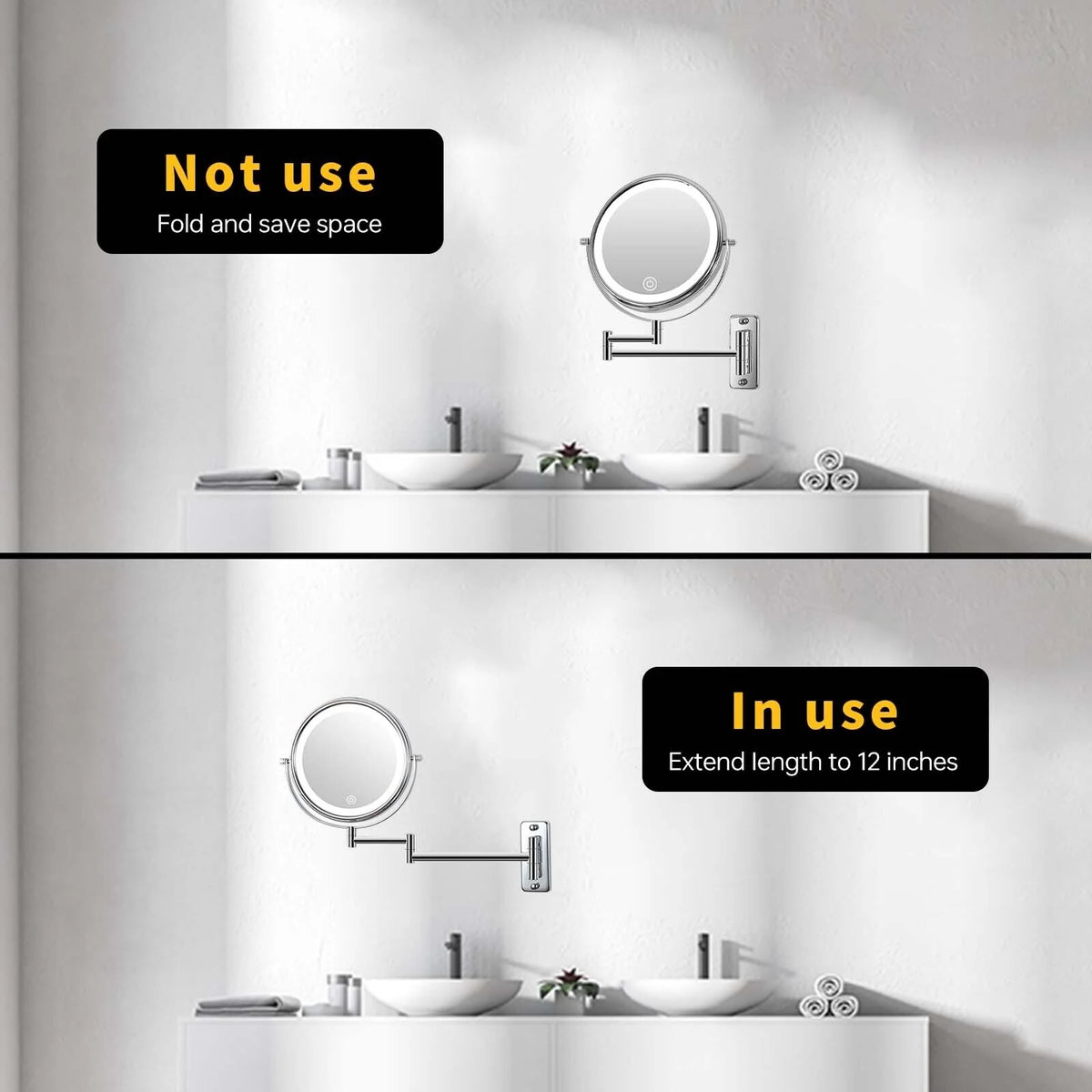 8 Inch Round Wall Mounted Makeup Mirror, Rechargeable, 1X/10X Magnification, 3-Color LED Lights