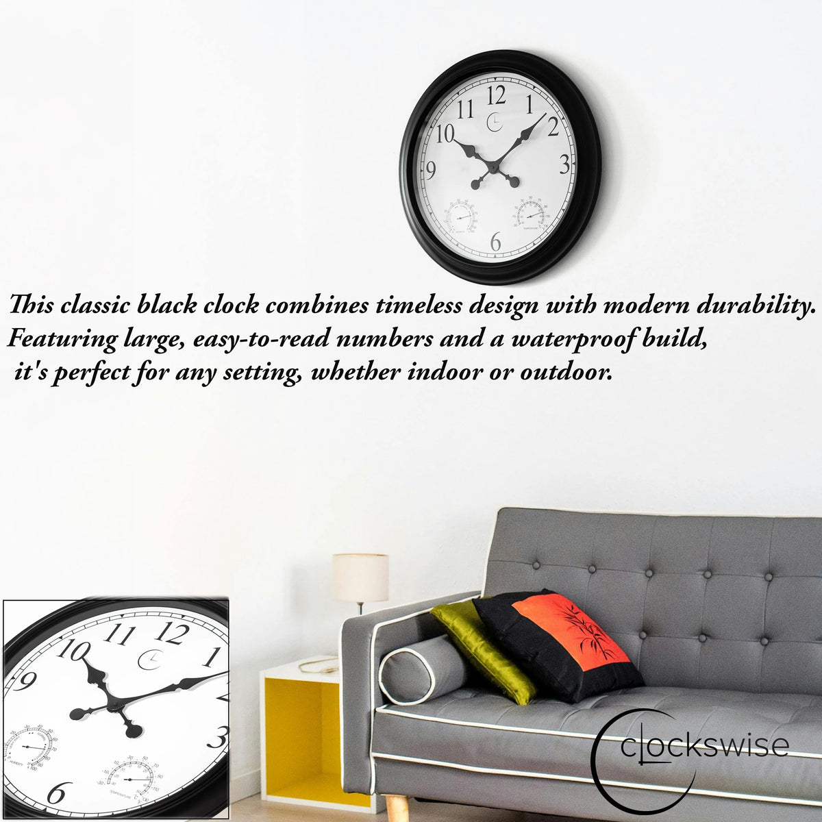 Large Outdoor Wall Clock with Thermometer, Waterproof Silent Garden Weather Station, Black