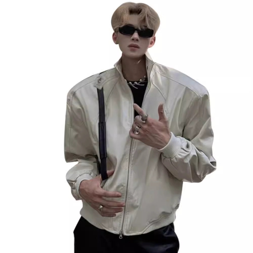 Men's Stand Collar Faux Leather Short Jacket