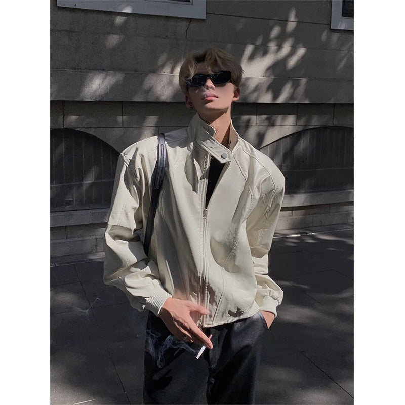 Men's Stand Collar Faux Leather Short Jacket