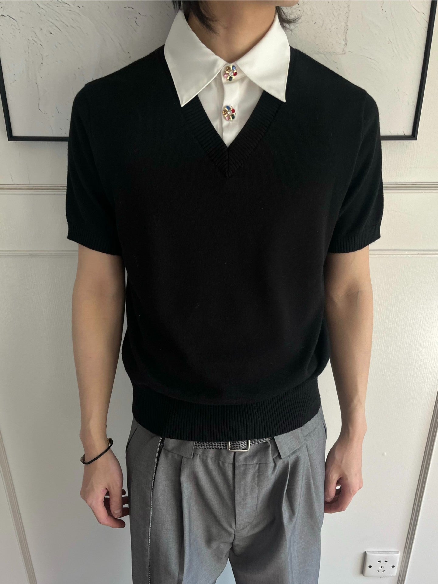 Men's Faux Two-Piece Knit Short Sleeve Polo Shirt