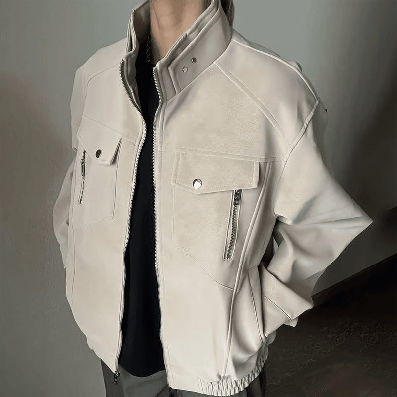 Men's Stand Collar Faux Leather Flight Jacket