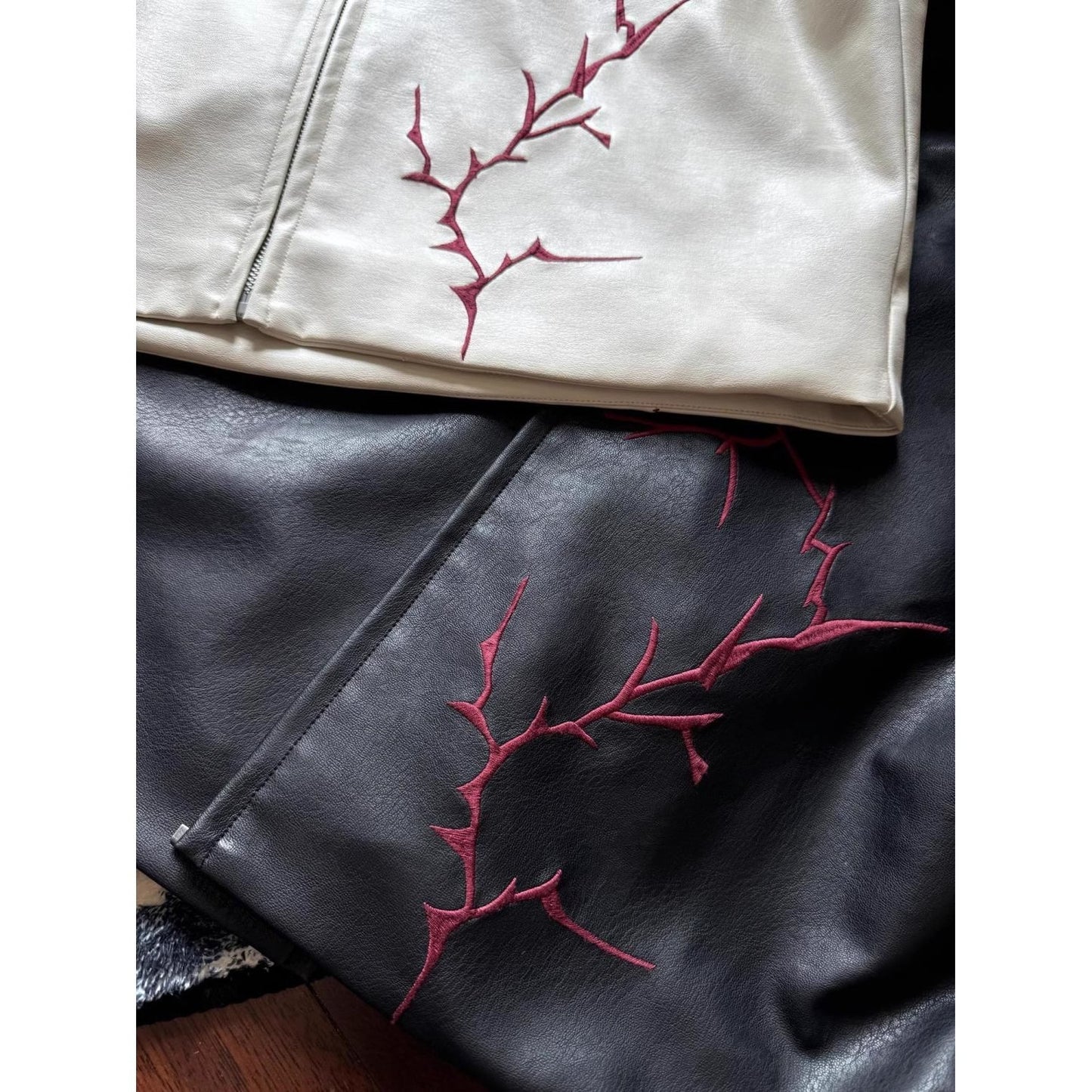 Men's Embroidered Faux Leather Shoulder Pad Jacket
