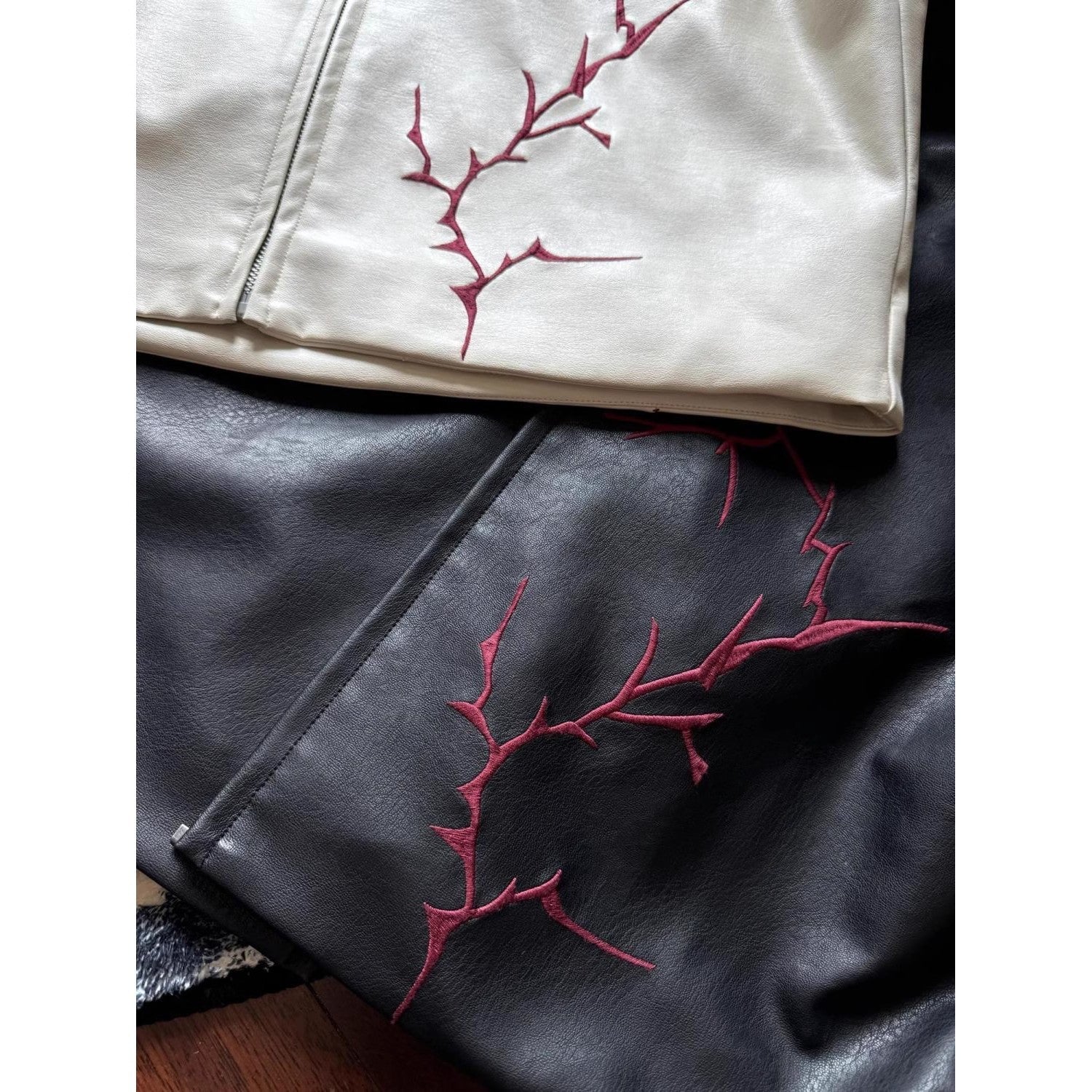 Men's Embroidered Faux Leather Shoulder Pad Jacket