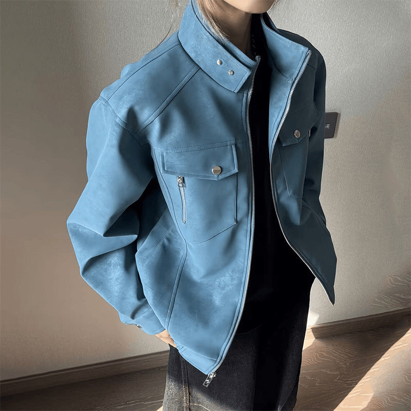 Men's Stand Collar Faux Leather Flight Jacket