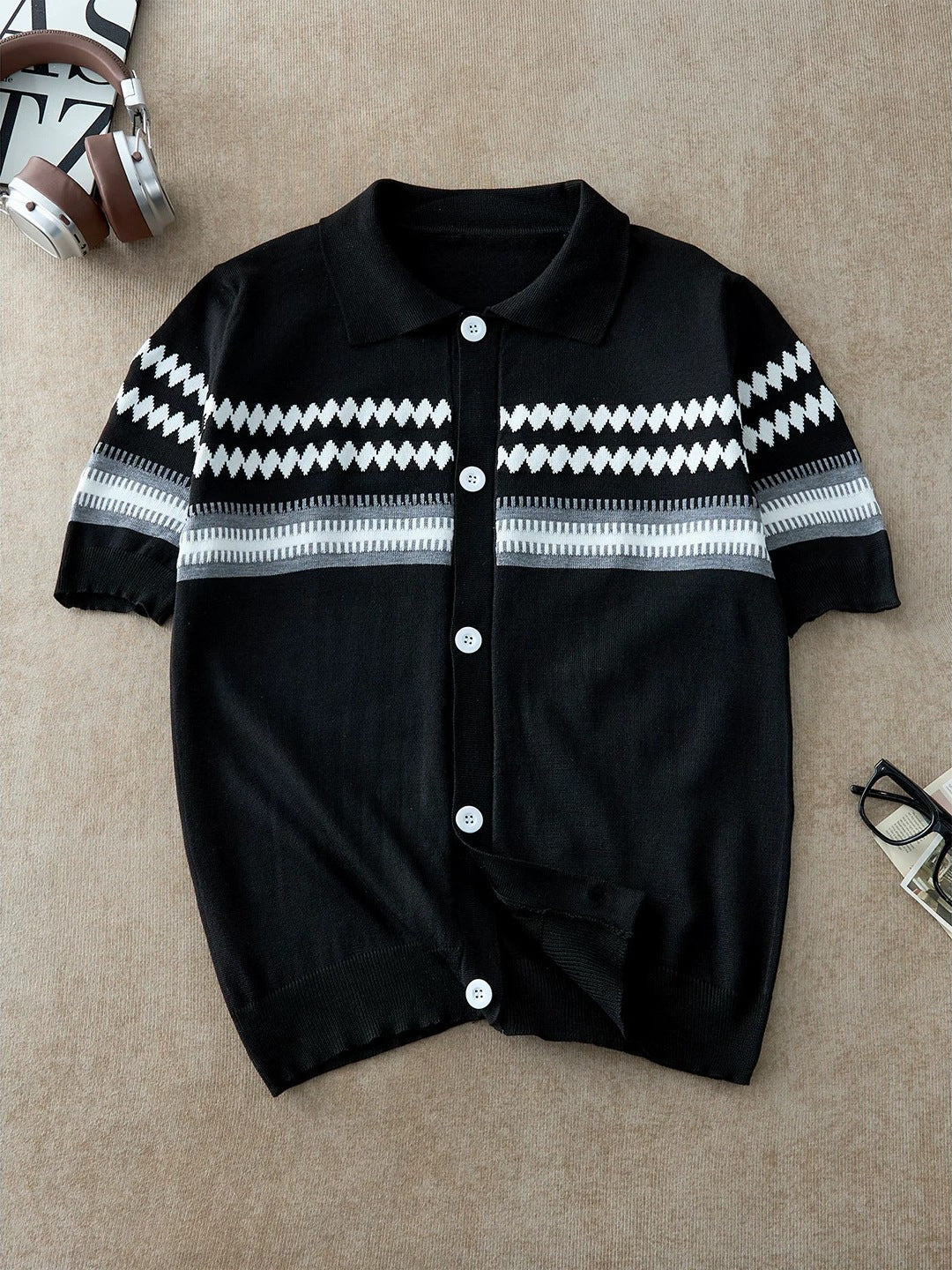 Men's Diamond Jacquard Short Sleeve Knit Sweater