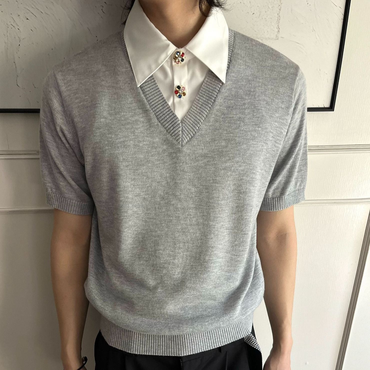 Men's Faux Two-Piece Knit Short Sleeve Polo Shirt