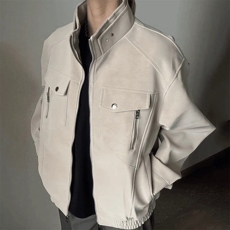 Men's Stand Collar Faux Leather Flight Jacket