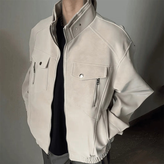 Men's Stand Collar Faux Leather Flight Jacket