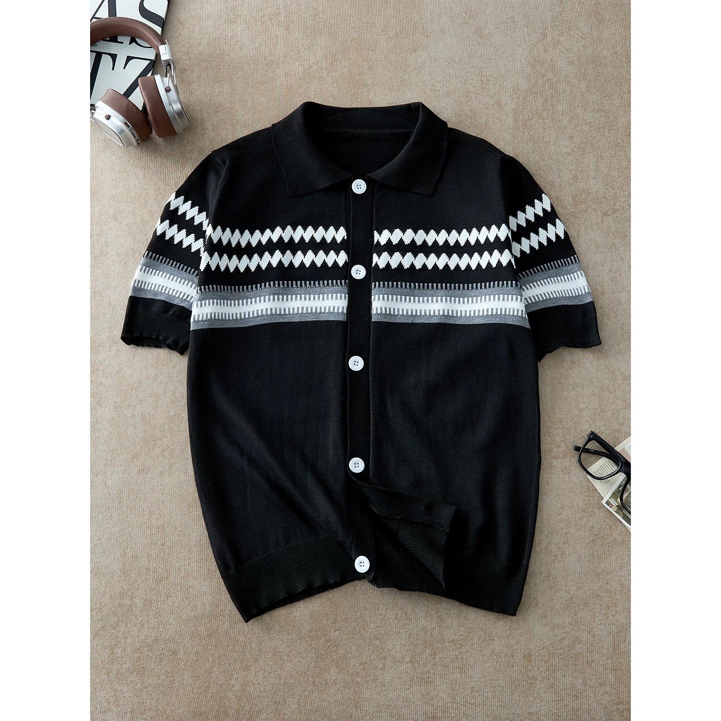Men's Diamond Jacquard Short Sleeve Knit Sweater