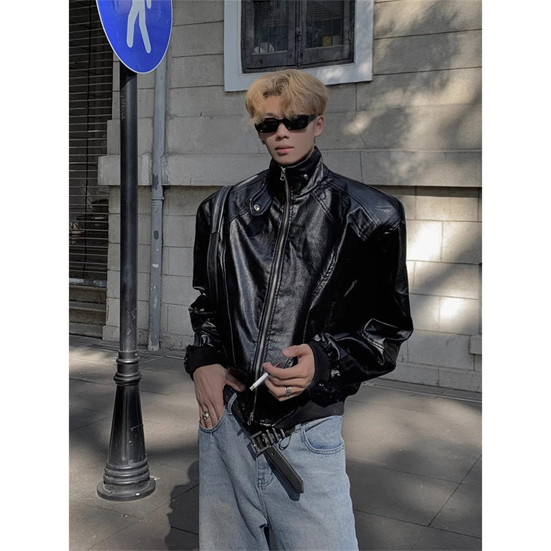 Men's Stand Collar Faux Leather Short Jacket