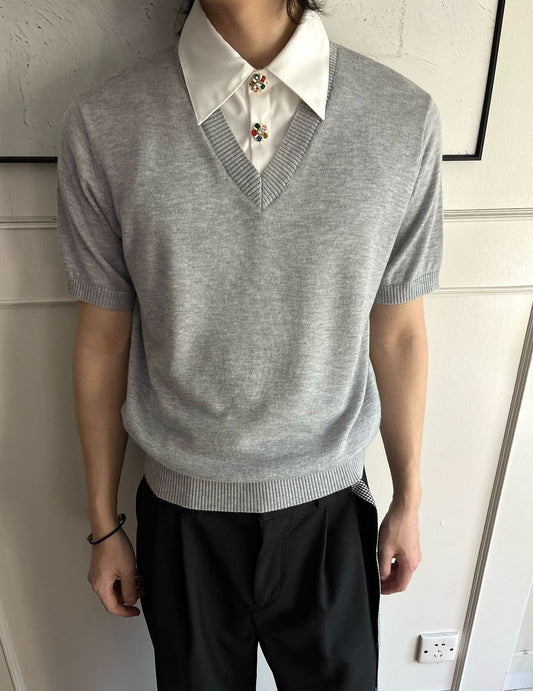 Men's Faux Two-Piece Knit Short Sleeve Polo Shirt